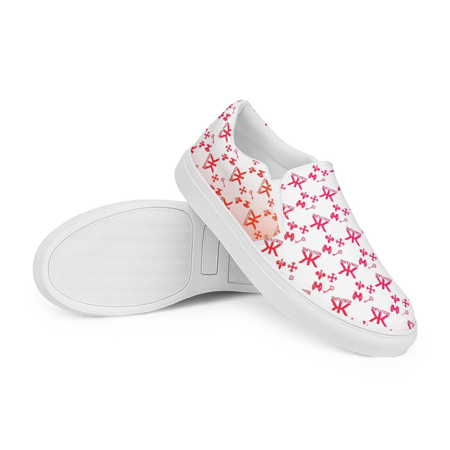 KOUTURE Women’s slip-on canvas shoes - Double K Pink and Orange Monogram BackDrop